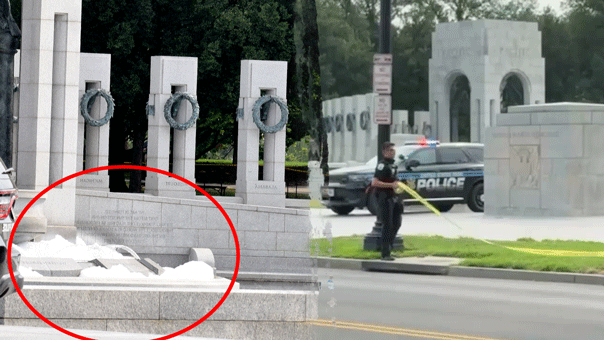 world-war-ii-memorial-on-national-mall-vandalized-with-pink-spray-paint;-fountain-overflowing-with-bubbles